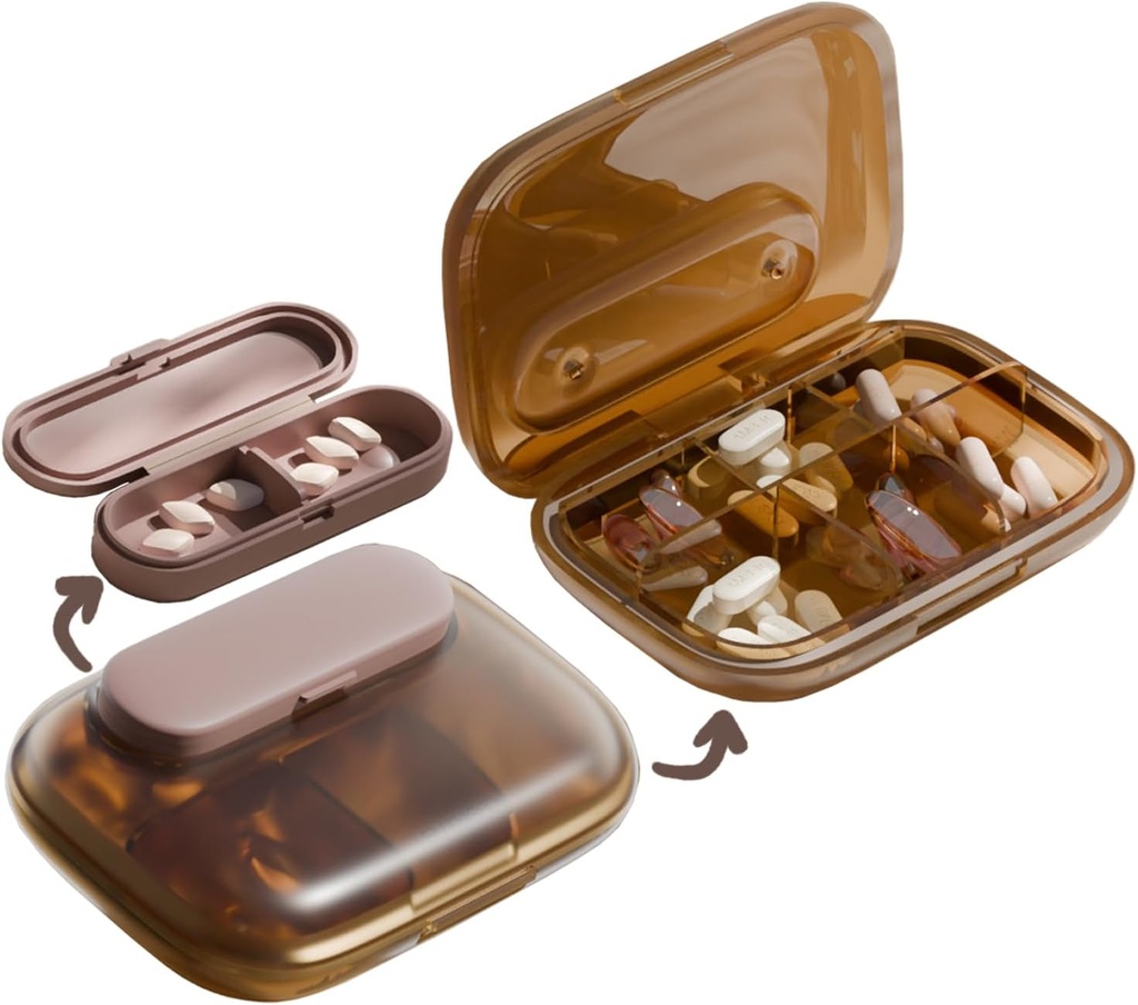 MURRI & MURRDI Travel Pill Organizer, 6 Compartments Small Pill Container, Daily Pill Box för att hålla vitaminer, Portable Pill Case för Pocket Purse Medicine Organizer Detachable (G Coffee)