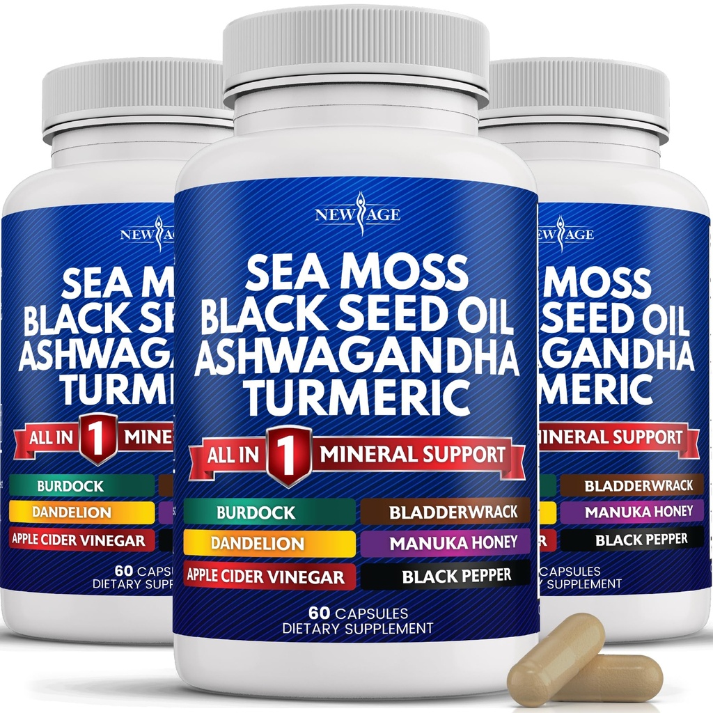 NEW AGE Silica Sea Moss, Black Seed Oil, Ashwagandha, Turmeric, Bladderwrack, Burdock - med Manuka, Honey Dandelion, ACV Black Pepper Gluten Free