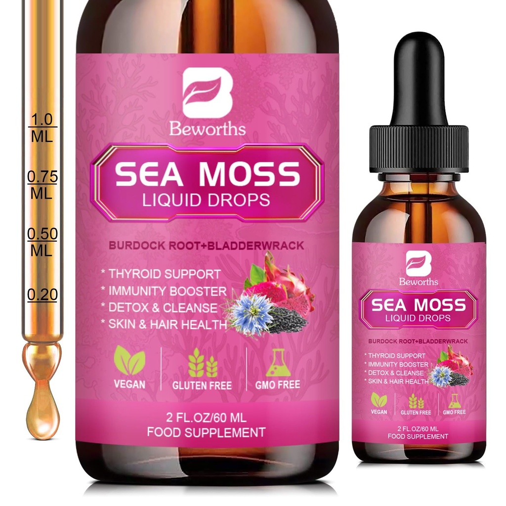 Sea Moss Liquid Drops - Organic Black Seed Oil Irish Sea Moss Gel med Burdock Root, Bladderwrack, Elderberry, Vitamin C, D3, 6X Stronger Seamoss Gel för Digestive, Hair Health - Vegan