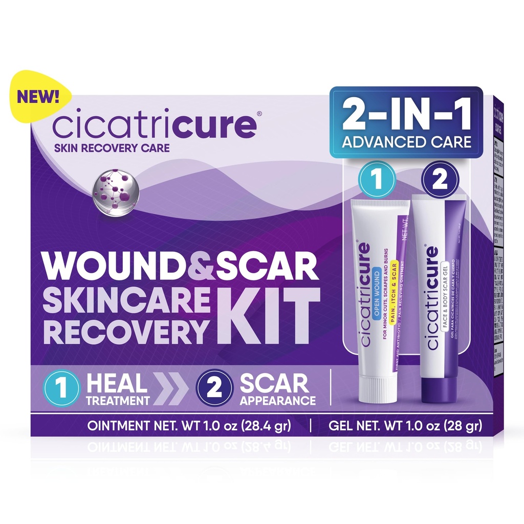 Cicatricure Skin Recovery Kit: Advanced Scar Gel & Open Wound Care Antibiotic Ointment, Reduces Stretch Marks, Surgical & Acne Scars, Treats Cuts & Burns, 1 uns Varje - för vuxna och barn
