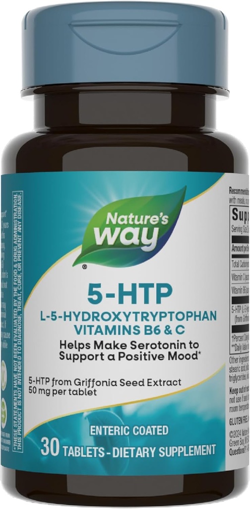 Naturens sätt 5-HTP, L-5-Hydroxytryptophan, hjälper till att göra Serotonin för att främja en positiv Outlook *, vitamin B6, vitamin C, Griffonia Bean Extract, 30 tabletter (Packaging May Vary)