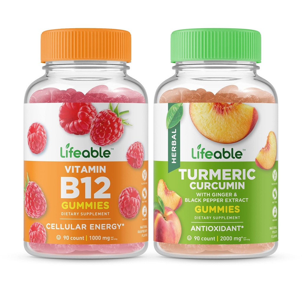 Livlig vitamin B12 + gurkmeja Curcumin, Gummies Bundle - Great Tasting, Vitamin Supplement, Gluten Free, GMO Free, Chewable