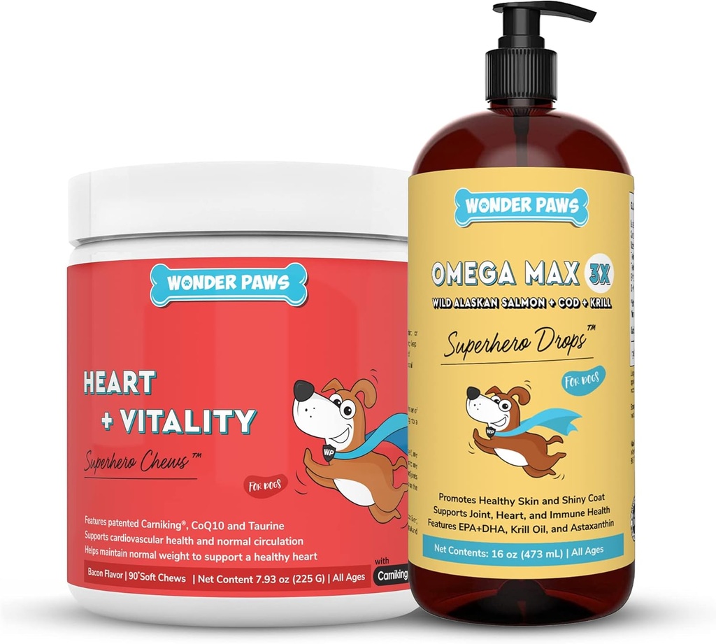 WONDER PAWS Heart + Vitality Superhero Chews Plus Omega Max Fish Oil - for Dogs Heart Health, Skin and Joint Care & Immune Support - Heart + Vitality 90 Chews - Omega Max 16 Ounces