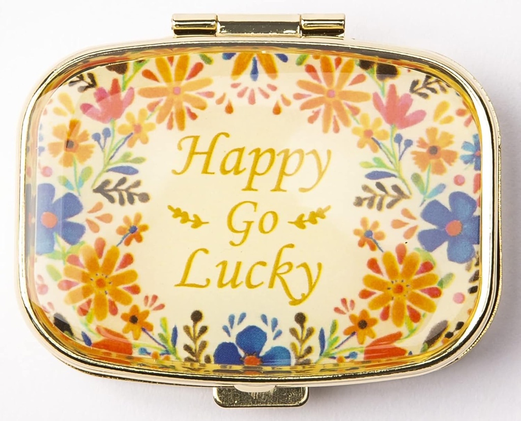 AmyZone Metal Pill Organizer Travel Friendly Portable Compact Pill Box Cute Pill Case för att hålla vitaminer / Tylenol / fiskolja / tillägg / Meds / tablett för handväska / ficka (Happy Go Lucky)