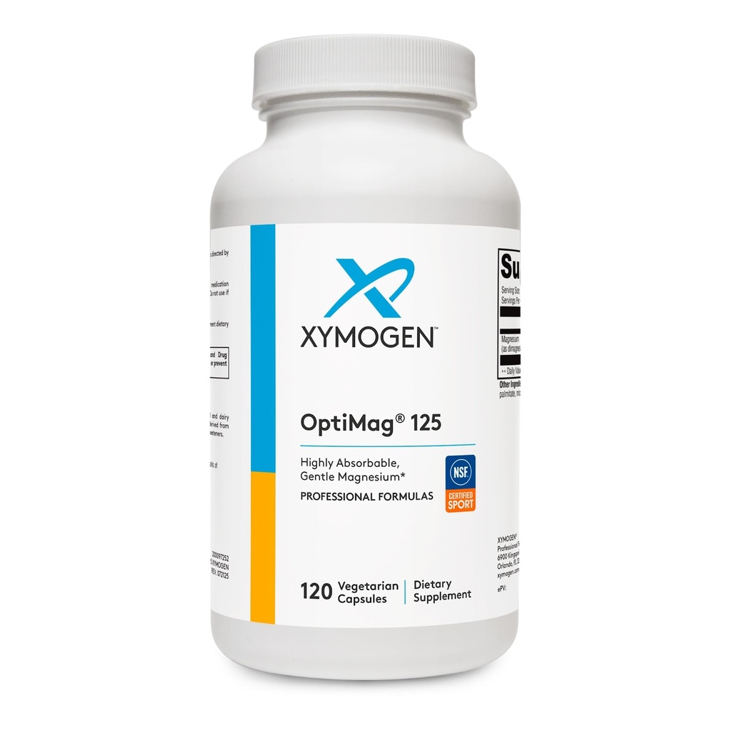 XYMOGEN OptiMag 125 - Magnesium Supplement med Di-Magnesium Malate & Glycinate Lysinate för att stödja Nerve, Muscle, Bone Health + Hjärthälsa (120 kapslar)
