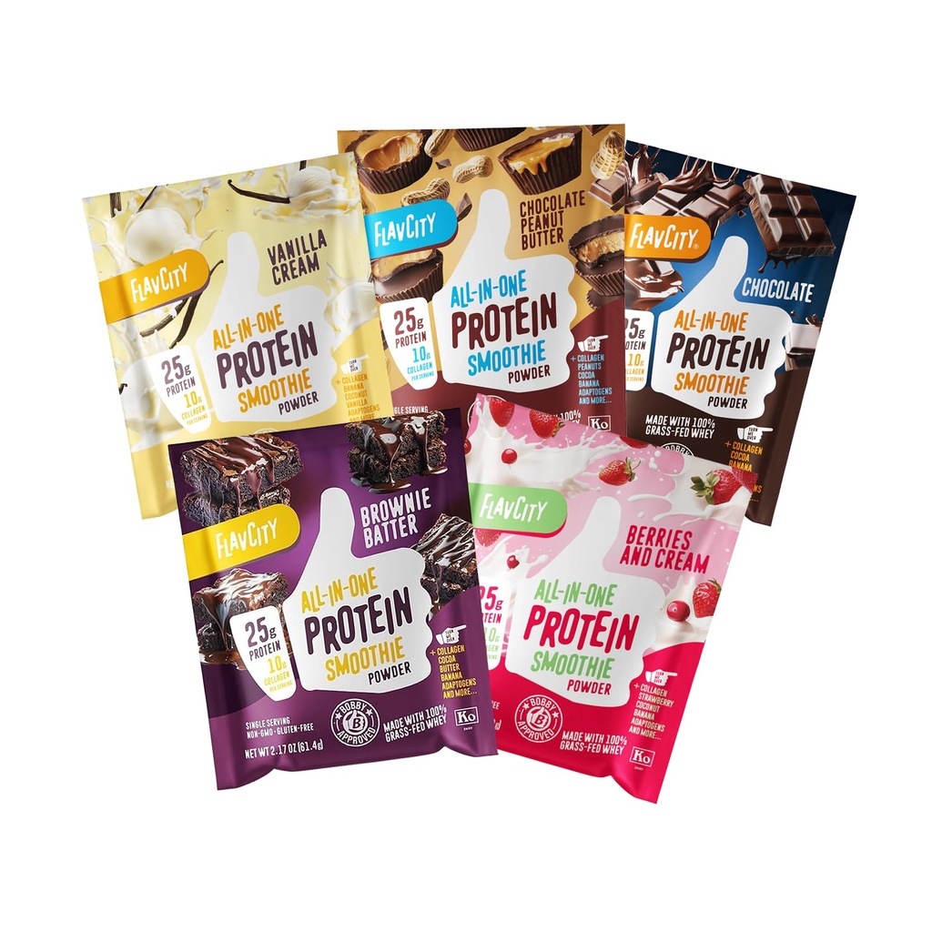 FlavCity Allt i en Protein Shake Powder Packets - På Go Meal Alternative + 25g Protein & 10g Collagen, Made med Organic Reishi & Cordyceps Mushrooms - No Added Sugars, Variety 10 Pack