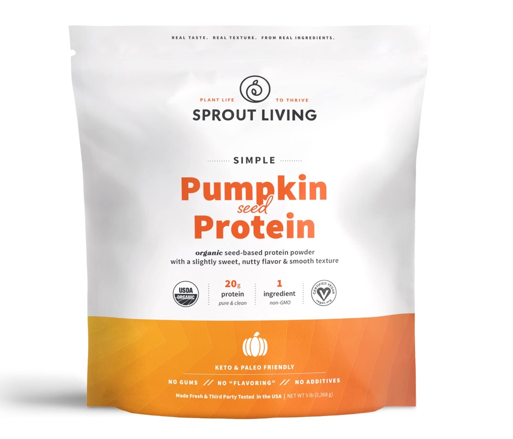 Sprout Living Simple Pumpkin Seed Protein Powder, 20 Grams Organisk växtbaserad proteinpulver utan artificiella sötningsmedel, Non Dairy, Non-GMO, Vegan, Gluten Free, Keto Drink Mix (5 pund)