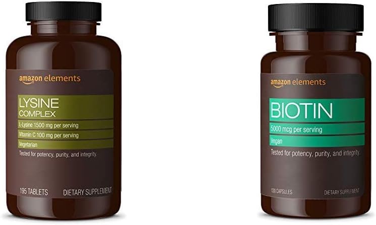Elements Lysine Komplex med vitamin C (1500 mg L-Lysin med 100 mg Vitamin C per portion - 3 tabletter), stöder immunhälsa, vegetarian, 195 greve (Packaging kan variera) och Elements Vegan Biotin 5000 mcg - Hår, hud, naglar, 130 kapslar (4 månad leverans) (Packaging kan variera)
