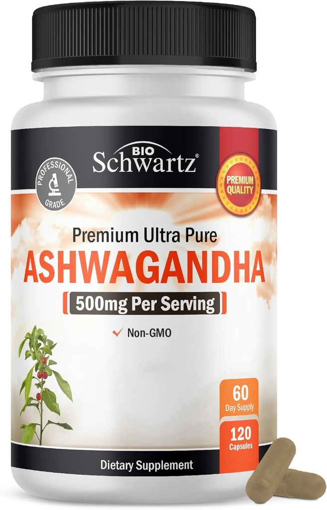 BioSchwartz Ashwagandha Supplements - Extra Strength Ashwagandha Capsules 500mg Per Serving - Gluten Free, Non-GMO, Tillverkad i USA med globalt källade ingredienser, 60 portioner (120 greve)