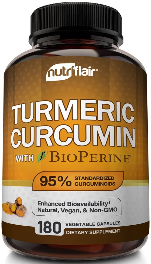 NutriFlair Turmeric Curcumin med BioPerine - 1300mg, 180 kapslar - 95% Standardiserade Curcuminoids Turmeric Supplement Extract med Black Pepper för Optimal Absorption - 180 kapslar