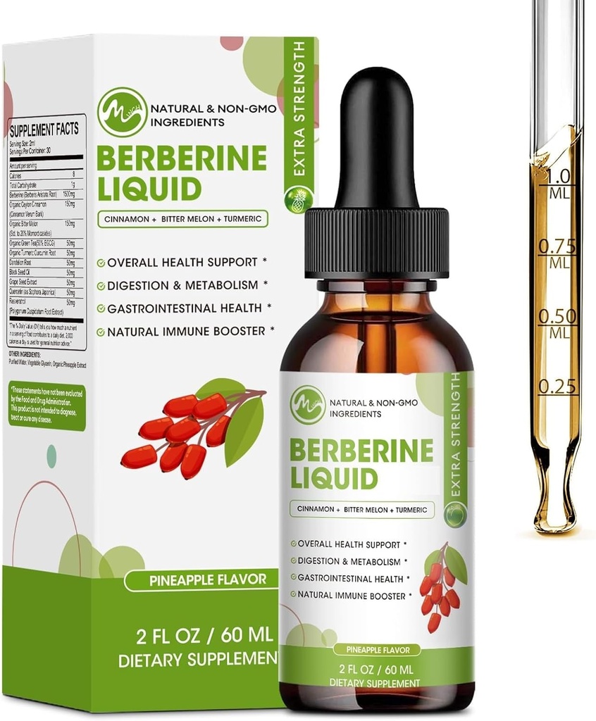 Berberine Supplement Liquid Drops, Berberine med Ceylon Cinnamon, gurkmeja, Resveratrol, Bitter Melon, & More-Extra Strength Vegan Supplement, stöder Immune System & Digestive System