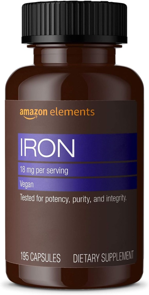 Elements Iron 18mg Capsules, Supports Red Blood Cell Production, Vegan, 195 Count, 6 månaders leverans (Packaging kan variera)
