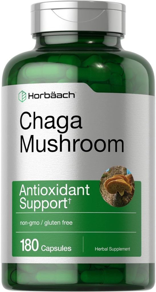 Horbäach Chaga Mushroom Capsules | 180 Pills | Non-GMO & Gluten Free Extract Supplement