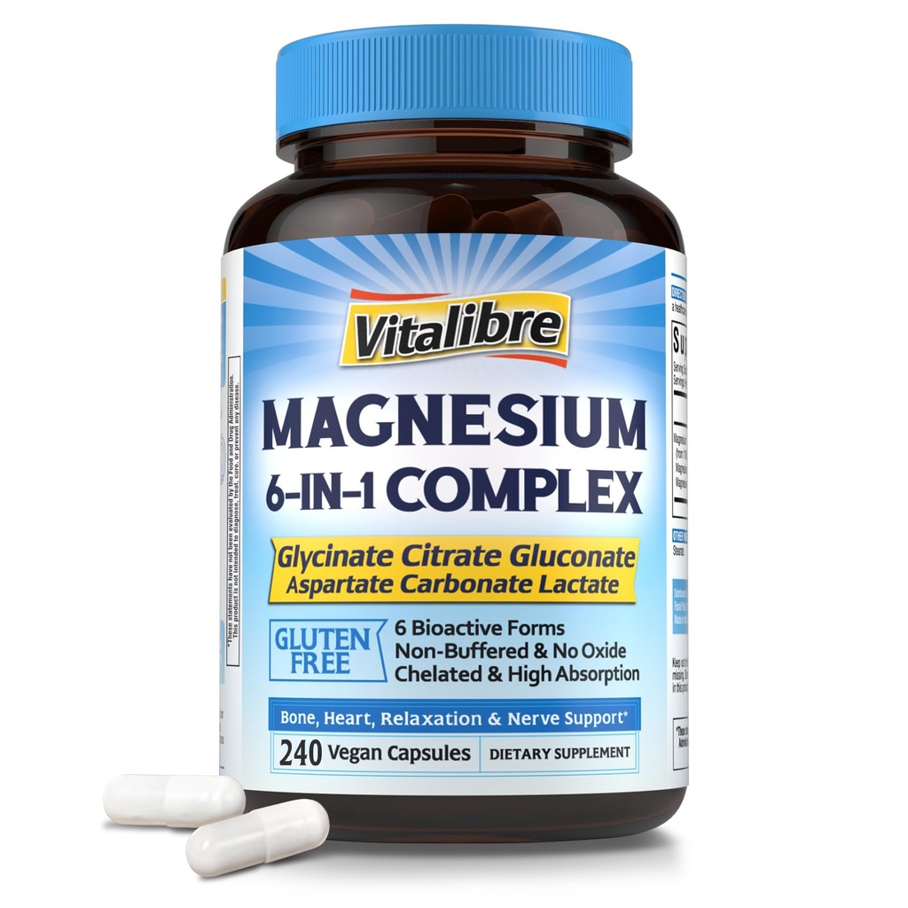 Magnesium Komplex Supplement 6 i 1, 1160mg Chelated Magnesium för Max Absorption, Hjälp med bättre sömn, Relaxation & Nerve Calm, 240 Vegan Capsules, Non GMO & Gluten Free