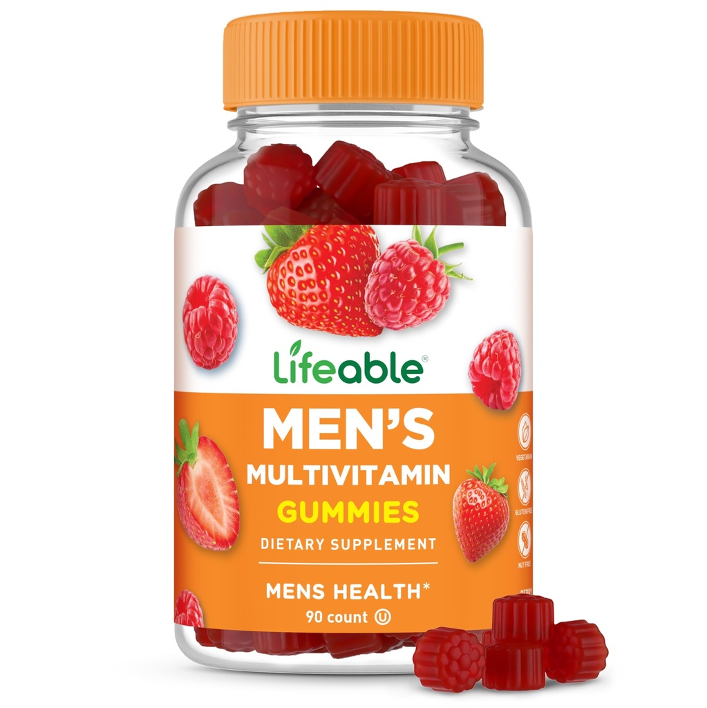 Livlig multivitamin för män Gummies | VIT A, C, D, E, B1, B2, Niacin, B5, B6, Folate, B12, Biotin, Iodine, Zink, Chromium, Ginseng, Lycopene, Inositol | Mens Multivitamins Gummies | 90 Gummies