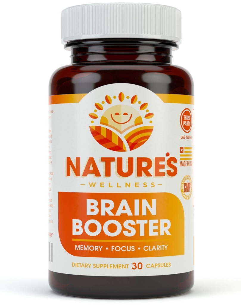 Natures Wellness Brain Booster | Natural Cognitive Enhancer för ökad fokus, minne och mental klarhet | Nootropics Brain Supplement | DMAE, Rhodiola Rosea Extract, Bacopa Monnieri, Ginkgo Biloba