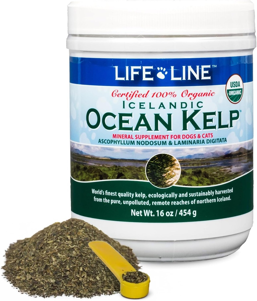 Life Line USDA Certified Organic Ocean Kelp for Pets & Livestock | Stöder Hud & Coat Health, Immune Function och Dental Hygiene | Främjar Metabolism & Reducerar Plaque och Shedding - 16 oz