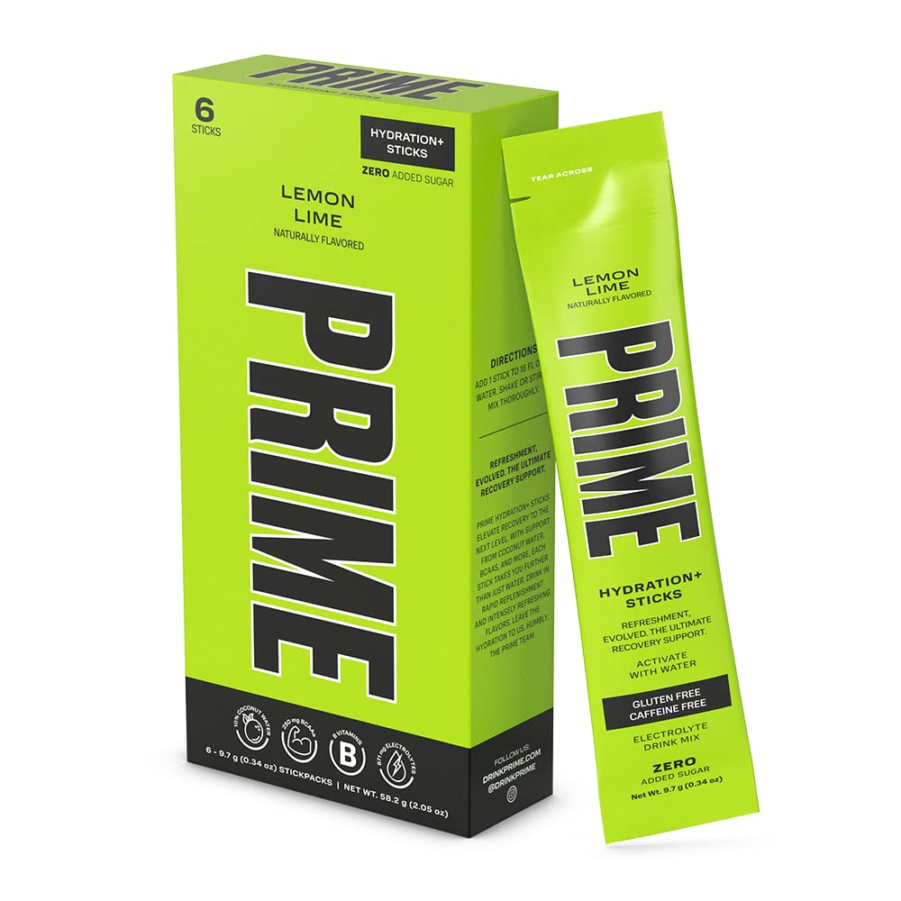 PRIME HYDRATION+ Sticks Lemon Lime | Hydration Powder Single Serve Sticks | Electrolyte Powder On The Go | Low Sugar | Koffeinfri | Vegan | 6 Sticks