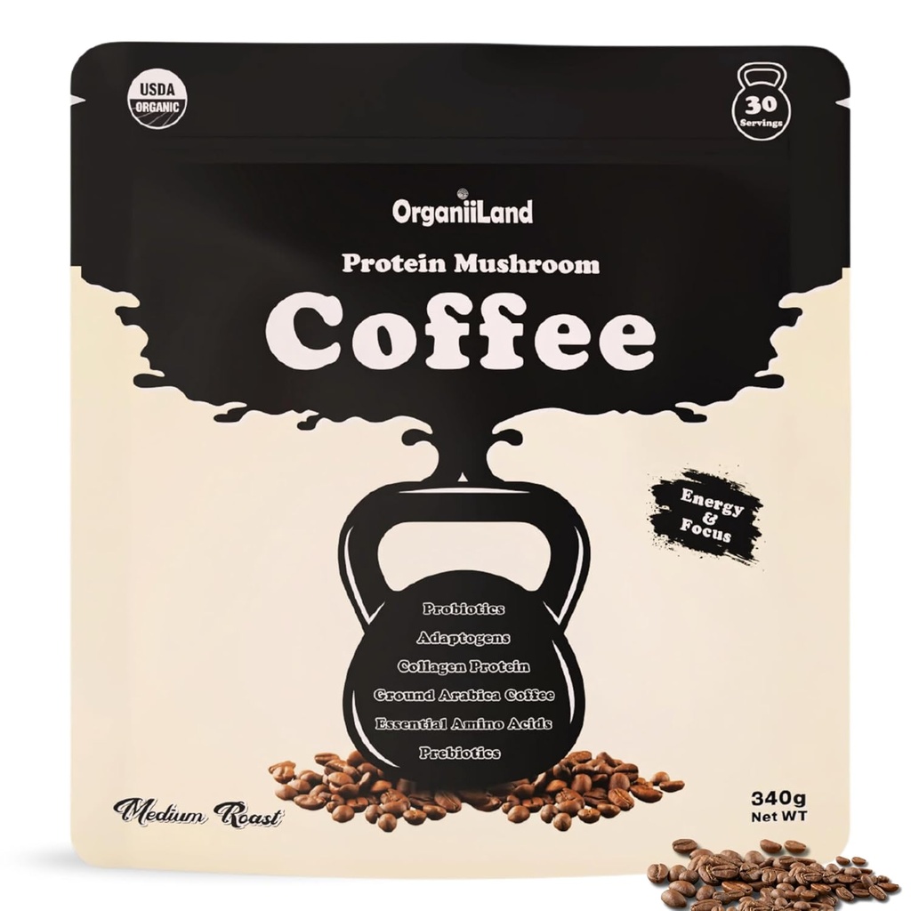 Protein Mushroom Coffee by OrganiiLand | Ground Coffee with Collagen, Lion's Mane, Chaga, Turkey Tail, Reishi, Maitake, L-Theanine | Fokus, energi, immunitet och matsmältning | 30 portioner