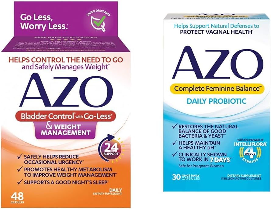 AZO Bladder Control med Go-Less® & Weight Management Dietary Supplement & Complete Feminine Balance Daily Probiotics för kvinnor, kliniskt visat sig hjälpa till att skydda