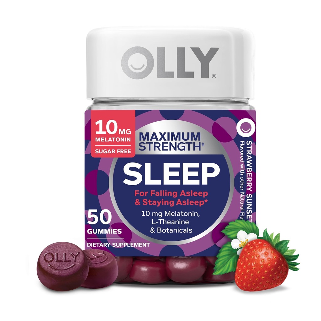 OLLY Max Strength Sleep Gummy, 10mg Melatonin, L-Theanine, Chamomile, Lemon Balm, Sugar Free, Vegetarian Sleep Aid, Strawberry - 50 Count
