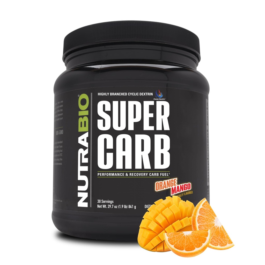 NutraBio Super Carb, kolhydratpulver med Cluster Dextrin & Electrolytes, Advanced Carb Supplement Powder för träningsbränsle, prestanda och muskelåterhämtning, Cyklisk Dextrin, Orange Mango, 30 Sv