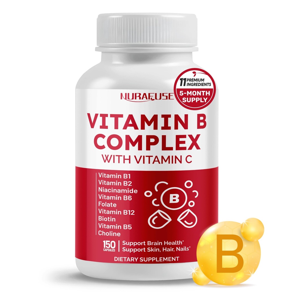 Vitamin B Complex Vitamin B1, B2, 6,9,12 Niacin, med vitamin C - Stöd Hjärnhälsa, energinivåer, hud, hår och naglar