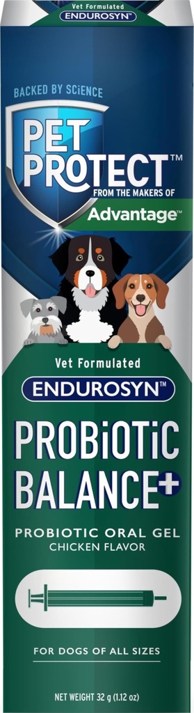 Pet Protect Dog Probiotic Balance + Oral Gel, Vet-Formulerad Endurosyn, Prebiotika & Probiotika för hundar, 3-dagars leverans, kyckling smak (32g)
