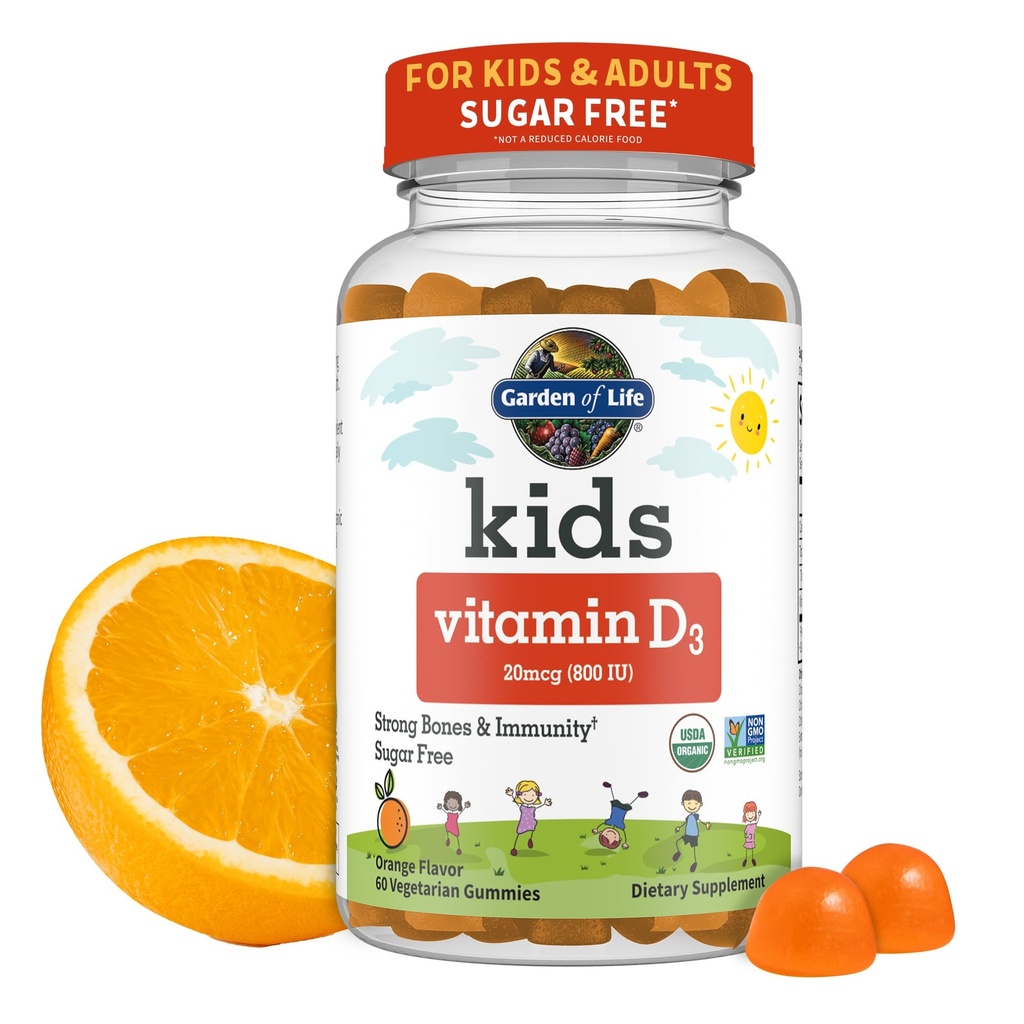 Garden of Life Kids Organic Vitamin D3 Gummies med 800 IE (100% dagligt värde) för starka ben, tänder, hjärna och immunitet - Icke-GMO, ingen gluten, vegetarisk, sockerfri, orange smak, 60 portioner