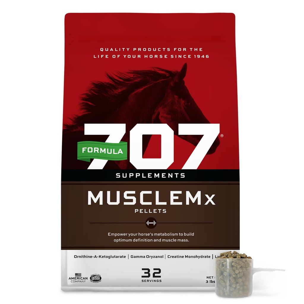 Formel 707 MuscleMx Equine Supplement, 3lb Bag - Conditioning Support och Muscle Builder för hästar med Lysine, Gamma Oryzanol, Kreatin & OKG