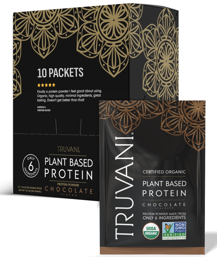 Truvani Vegan Pea Protein Powder | Choklad | 20g Organisk Plant Baserat Protein | Single Serving Travel Packets | 10 Servings | Keto | Gluten & Dairy Free | Low Carb | No Added Sugar