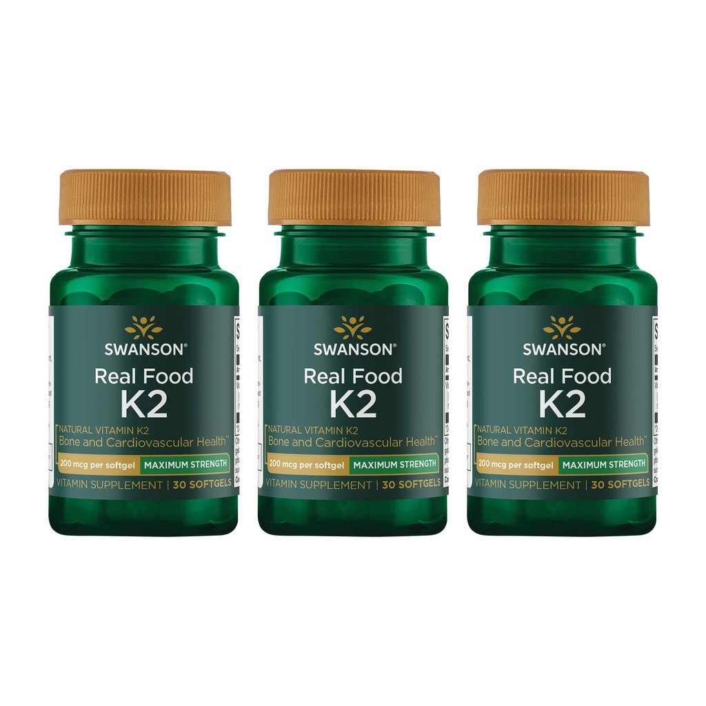 Swanson Maximum Strength Vitamin K2 (Menaquinone-7)-Vitamin Supplement Supporting Cardiovascular och Bone Health-Made från japanska Natto för att hjälpa till att reglera Calcium (30 Softgels, 200mcg Varje) (3 Pack)