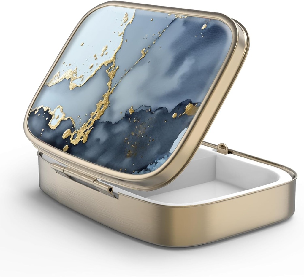 Pill Case Pill Box med Mirror Retro 2 Compartment Small Pill Case för väska eller Pocket Bronze Rectangular Pill Box eller Vitaminer, Fish Oil, Supplements, Pill Containe Travel Gifts (Black Gold Marble)