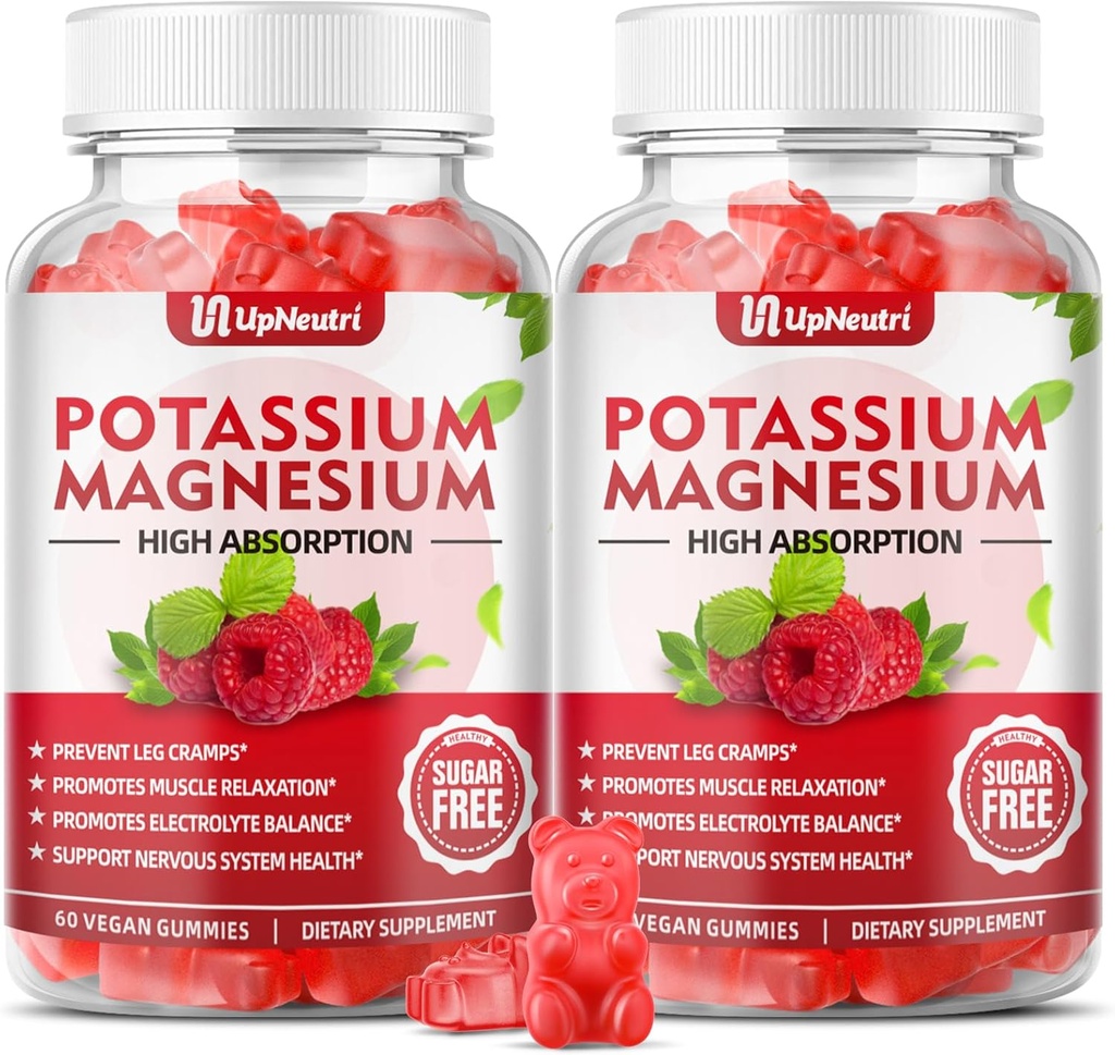 Kalium Magnesium Supplement Gummies för vuxna barn, Sugar-Free Kalium Gummies stöder Leg Cramps & Muscle & Immune Health, High Absorption Magnesium Gummies Raspberry Flavor 120 Cts