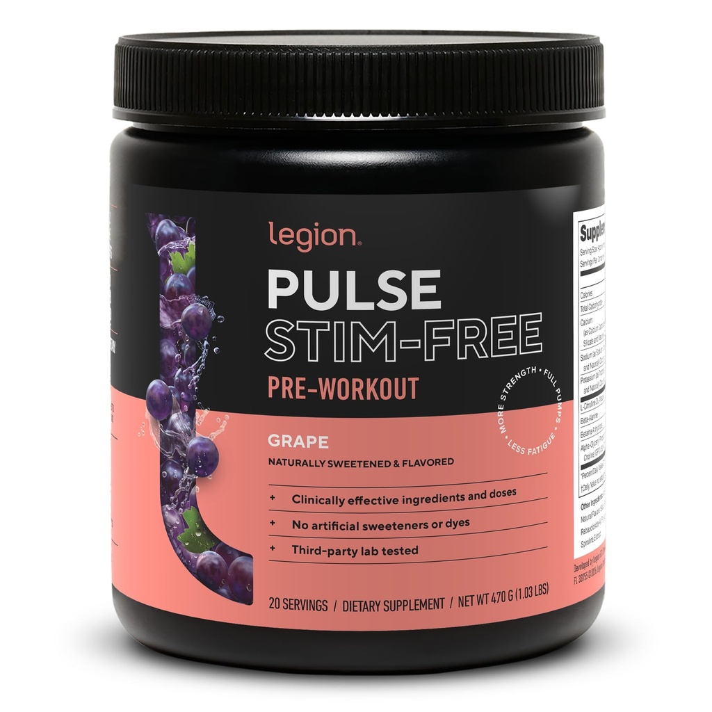 LEGION Pulse Pre Workout Supplement - All Natural Nitric Oxide Preworkout Drink för att öka energi, kreatinfri, naturligt sötad, Beta Alanine, Citrulline, Alpha GPC (koffeinfri druva)