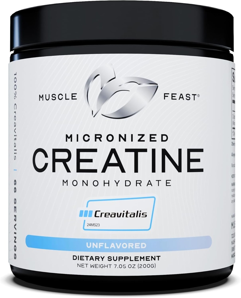 Muskelfesten Creavitalis Micronized Kreatin Monohydratpulver | Premium Pre-Workout eller Post-Workout | Lätt att Mixa, Gluten-Free, Säker och Pure, Kosher Certified (200g | 66 portioner), Unflavored