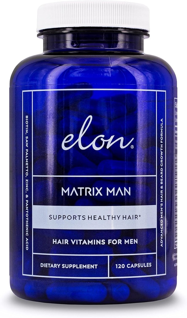 Elon Matrix Man - 60 dagars leverans - Hårtillväxt vitaminer för män - Saw Palmetto & Biotin Advanced Formel vitaminer - främjar hälsosam skäggtillväxt - (120 kapslar)
