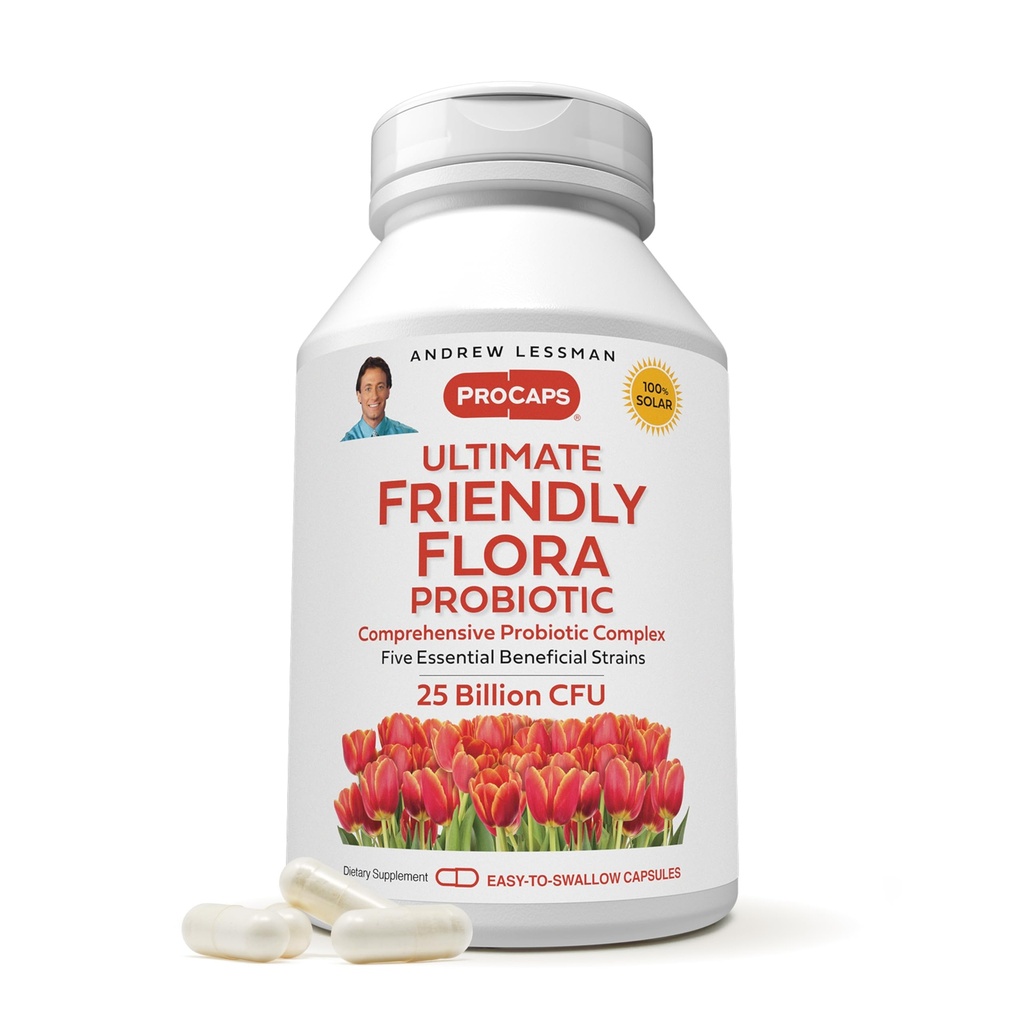 ANDREW LESSMAN Ultimate Friendly Flora Probiotic 60 Capsules - 25 miljarder CFU, omfattande blandning av fem probiotiska stammar, kraftfull immun och Digestive Support. Probiotika för kvinnor eller män