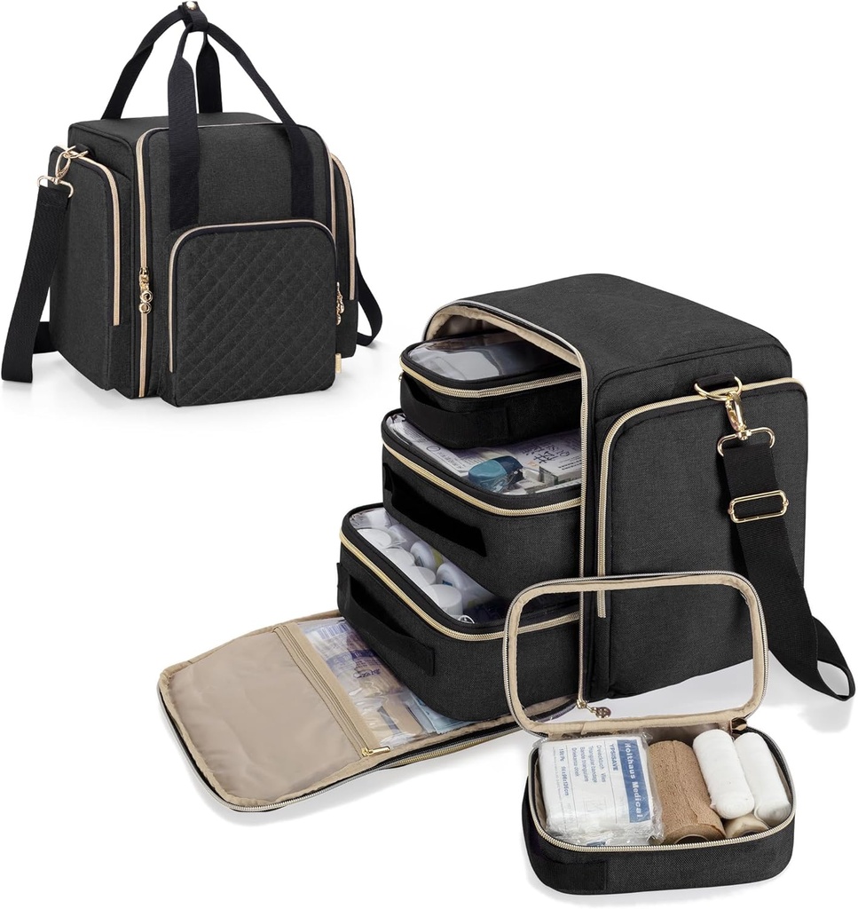 LUXJA Large Medicine Bag med 4 inre flyttbara fall, multifunktionell medicinlagring väska (lämplig för hem eller resor användning), svart