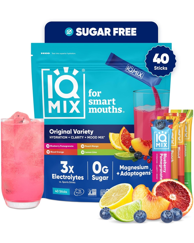 IQMIX Hydration Electrolyte Powder - 4-i-1 Formel för Hydration, Mental Clarity, Mood and Recovery - Sugar-Free Drink Mix, Keto, Magnesium L-Threonate, Lion's Mane - 40 Count Variety Pack