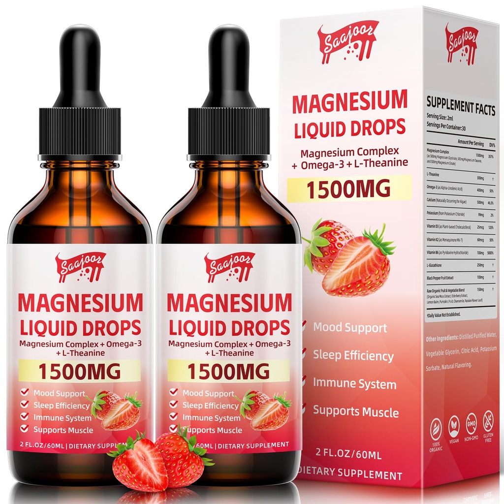 2 Pack Magnesium Glycinate Liquid Drops, 1500mg Magnesium Liquid Supplement med vitamin B6, D3, L - Theanine, Omega3,Support Night, Muscle, Bone, Mood, Strawberry Flavor - 4 Fl Oz (120ml) flaska
