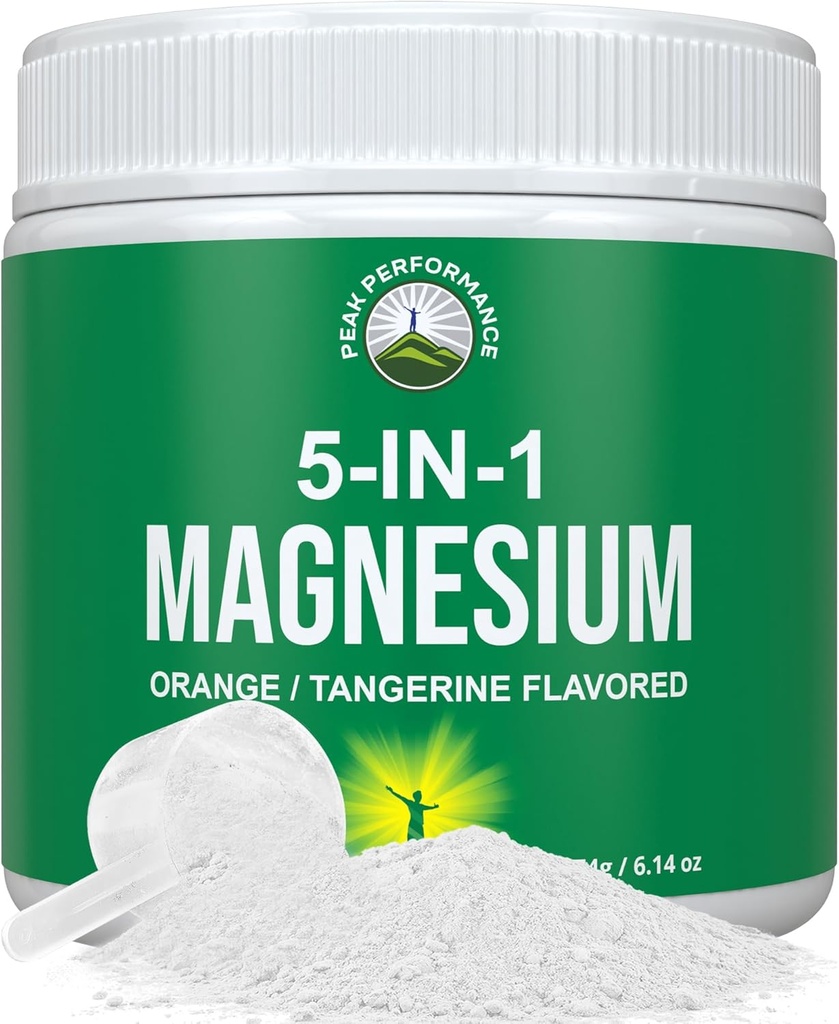 5-i-1 Magnesiumpulverdryck för kvinnor och män. Magnesium Glycinate + Citrate + Malate + Chelate + Taurate. Great Tasting Vegan Supplement för muskelavkoppling, sömn, kramper. Orange smak