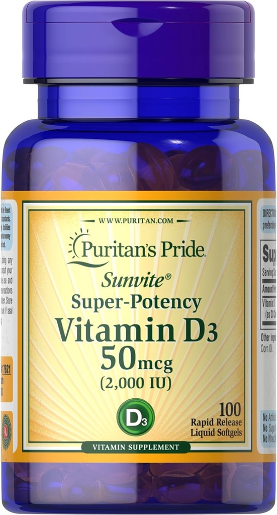 Puritans Pride Sunvite Super High Potency Vitamin D3 2000IU 100 Softgels