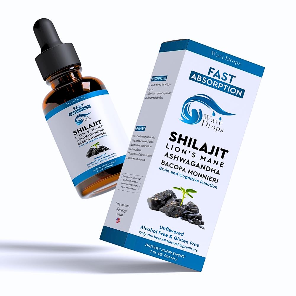 Lion's Mane - Shilajit - Ashwagandha - Bacopa Monnieri Liquid Drops | för Stress, Memory Booster,Focus | Alla naturliga ingredienser 1Fl Oz (1)