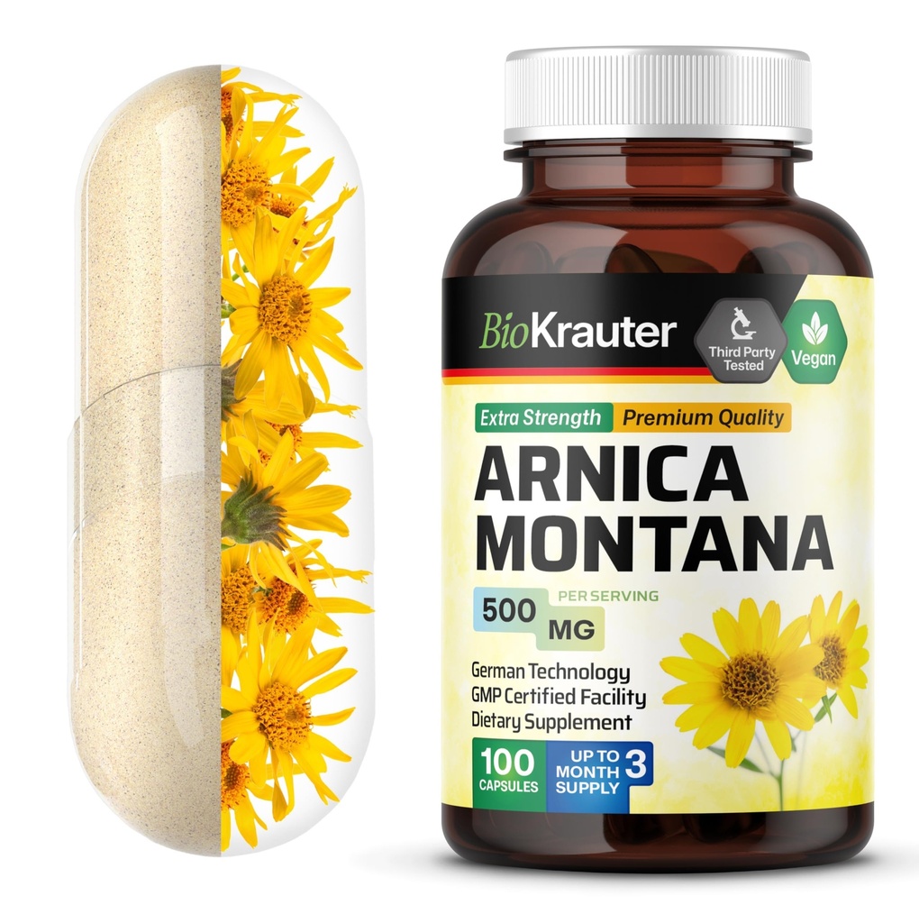 BIO KRAUTER Arnica Montana Capsules - 500 mg Arnica Capsules för Bruising och Swelling - Vegan - 100 Count