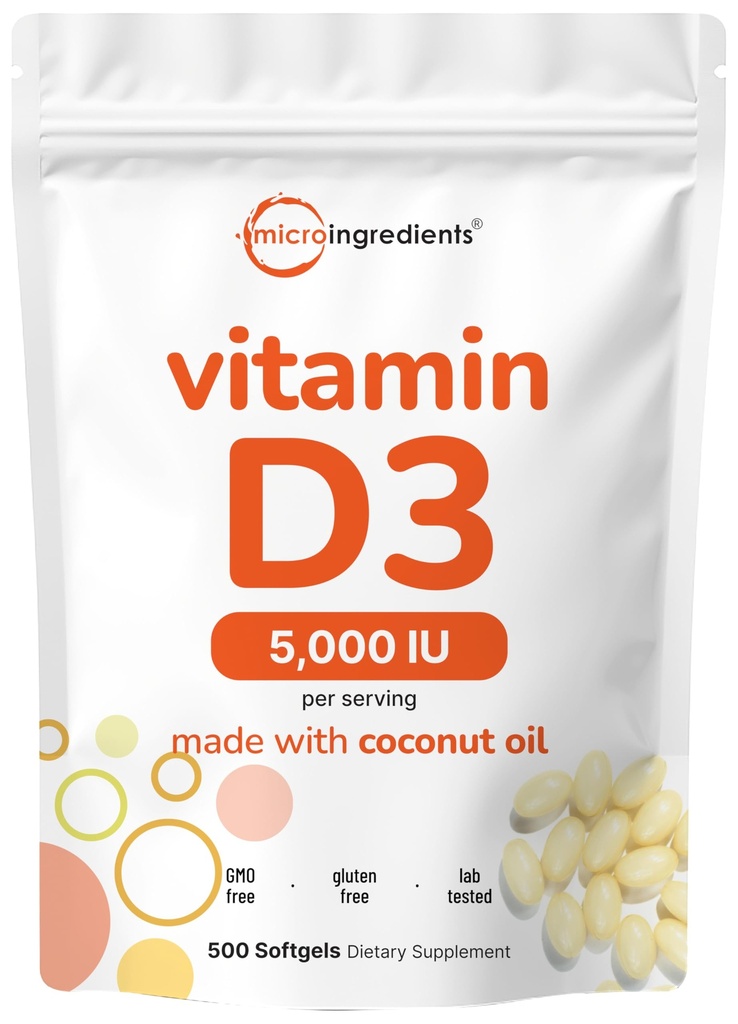 Micro Ingredients Vitamin D3 5 000 IE, 500 Softgels | Virgin Coconut Oil | Cholecalciferol Form | Ben, Immune & Heart Support | Lätt att Svälja, Non-GMO