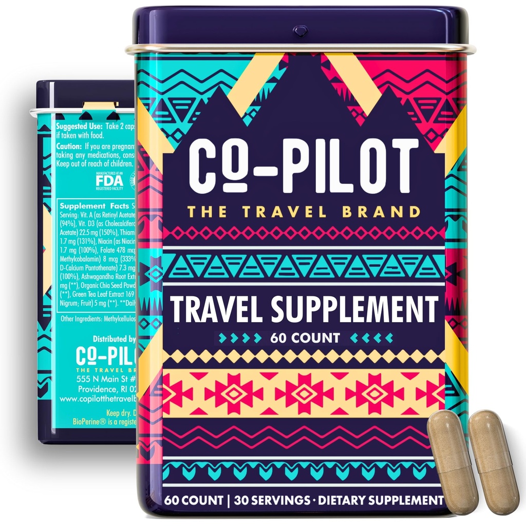 Travel Vitamin Supplement for Flight and Daily, Jet Lag, Energy, Immune, Digestion Support, främja lugn med Ashwagandha, Rhodiola, Chia & D3 för bättre sömn och humör | Vegan, 60 Count