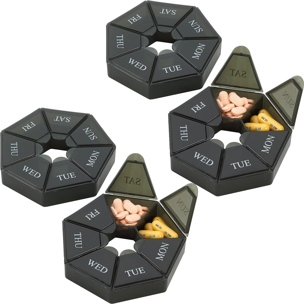 Weekly Pill Organizer - (Pack of 4) 7-Day Pill Container - Arthritis Friendly Portable & Compact Travel Case Daily Compartment Medicine Pills Box för kosttillskott, medicinering, vitaminer och fiskoljor
