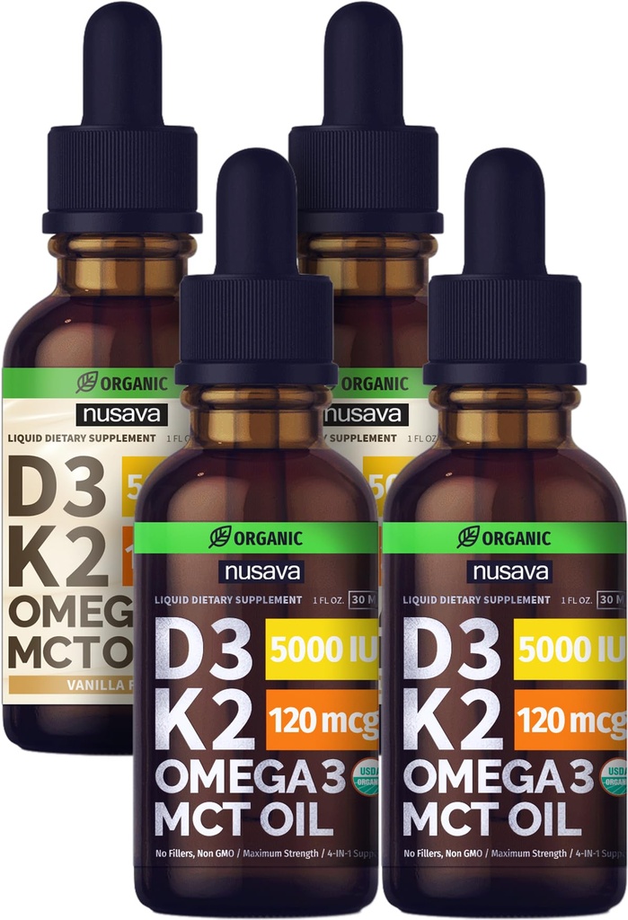NUSAVA Unflavored D3 K2 Liquid Drops och Vanilla Flavored D3 K2 Liquid Drops Bundle - Potent Liquid Vitamins for Heart, Joint, Bone, Muscle och Immune Support - Non-GMO, Gluten-Free, 2pk Varje