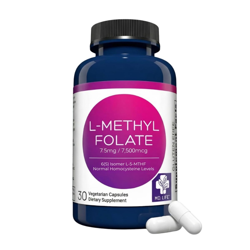 MD Life L-Methylfolate 7,5 mg Supplement - Professional-Grade Active L Methylfolate Supplement - 30 kapslar - L-Methylfolat 7,5 mg - Maximal Potency MTHFR W / Essential Amino Acids